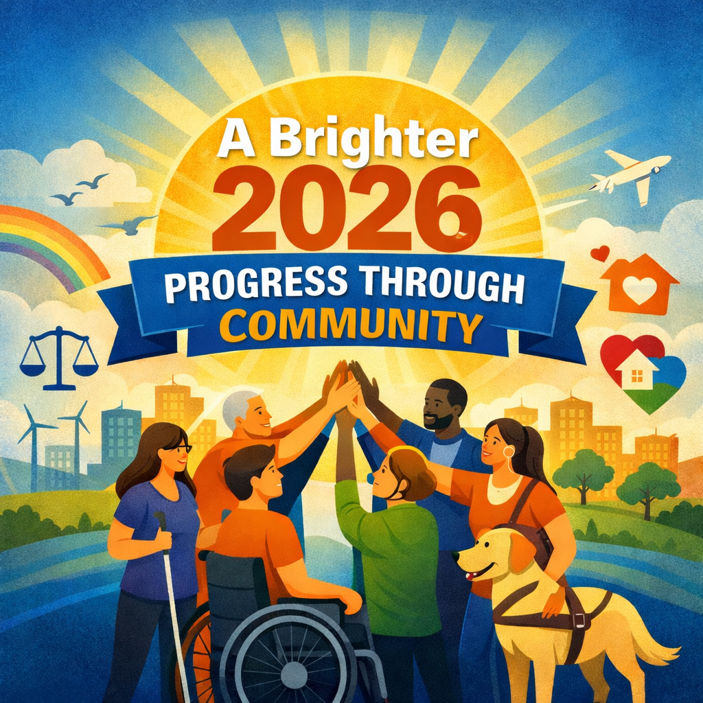 Colorful illustration showing people with diverse disabilities and backgrounds standing together and raising their hands in unity in front of a sunrise over a city skyline. Symbols representing justice, housing, education, transportation, and accessibility surround the scene, conveying hope, progress, and community.