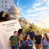 People with disabilities gathered near the U.S. Capitol alongside a document representing the ADA Amendments Act of 2008. People with disabilities gathered near the U.S. Capitol alongside a document representing the ADA Amendments Act of 2008.