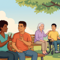 Illustration of four friends in a sunny park with palm trees. A Black woman and a Latino man sit on a bench, smiling and signing “I love you” to each other. Nearby, an older woman rests her hand on the shoulder of a smiling young man who uses a wheelchair. Illustration of four friends in a sunny park with palm trees. A Black woman and a Latino man sit on a bench, smiling and signing “I love you” to each other. Nearby, an older woman rests her hand on the shoulder of a smiling young man who uses a wheelchair.