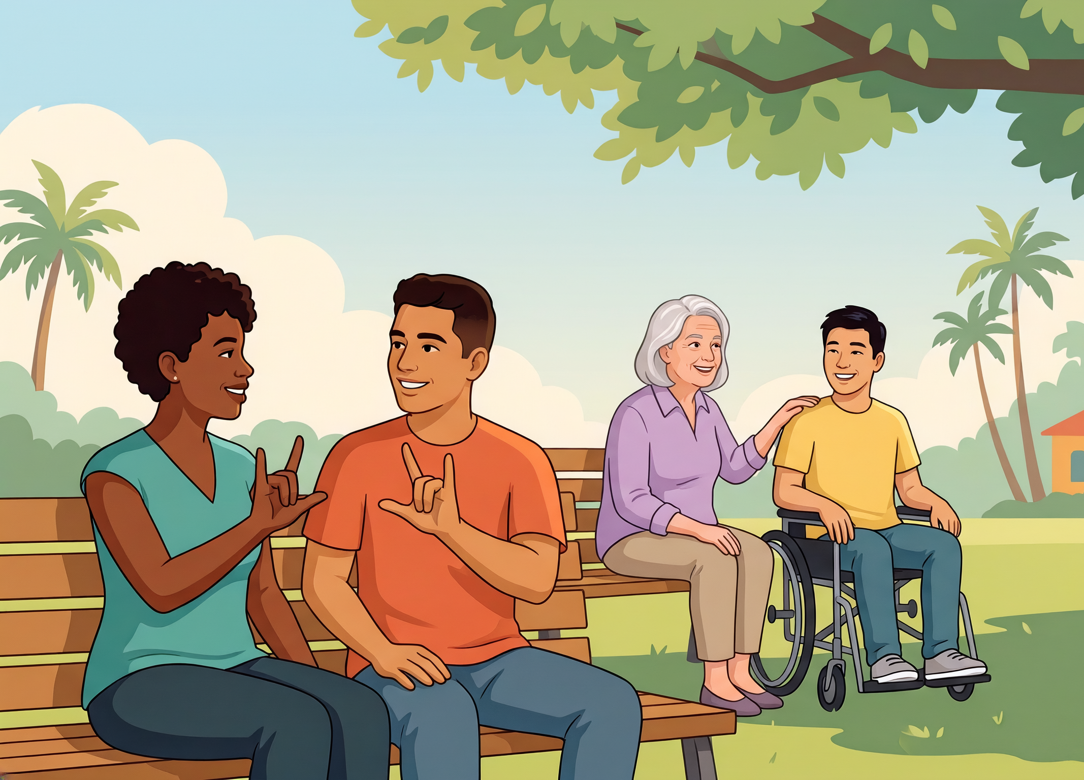 Illustration of four friends in a sunny park with palm trees. A Black woman and a Latino man sit on a bench, smiling and signing “I love you” to each other. Nearby, an older woman rests her hand on the shoulder of a smiling young man who uses a wheelchair.