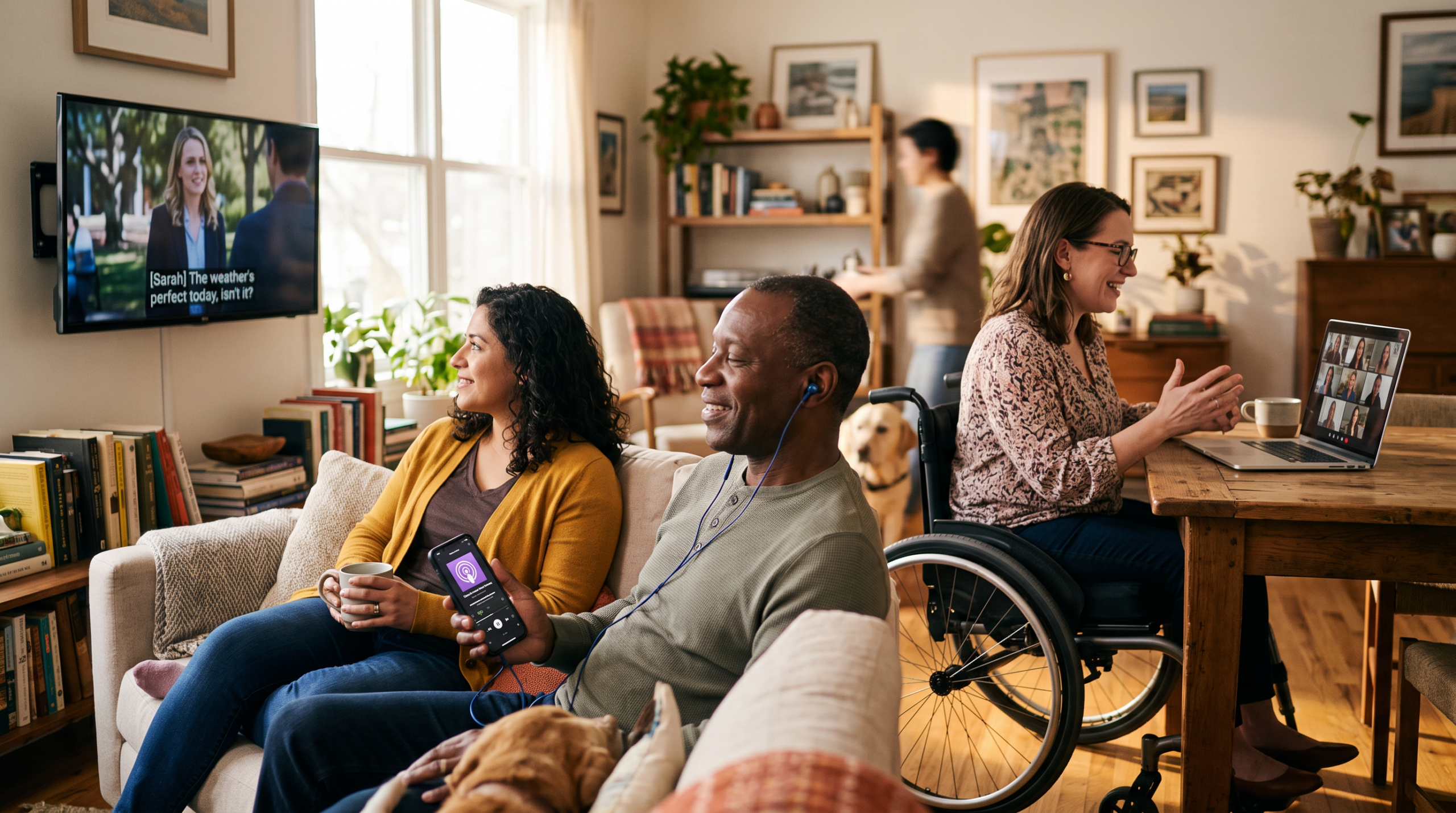 Friends relax in a sunny living room. One watches a TV show with captions on, one listens to his phone through earbuds, and a woman in a wheelchair is on a video call.
